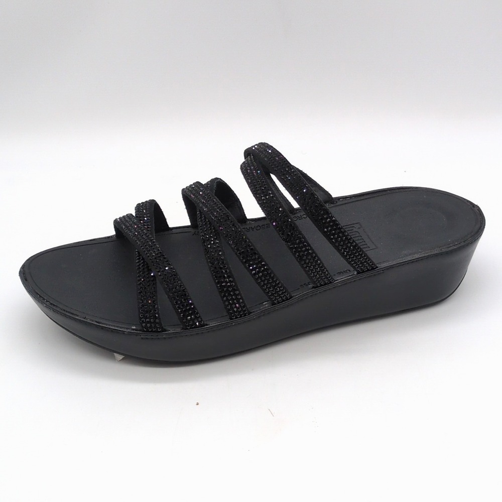 Fitflop Shoes Womens Linny Black 8 Slide Sandal Wedge Sparkle Comfort NEW
